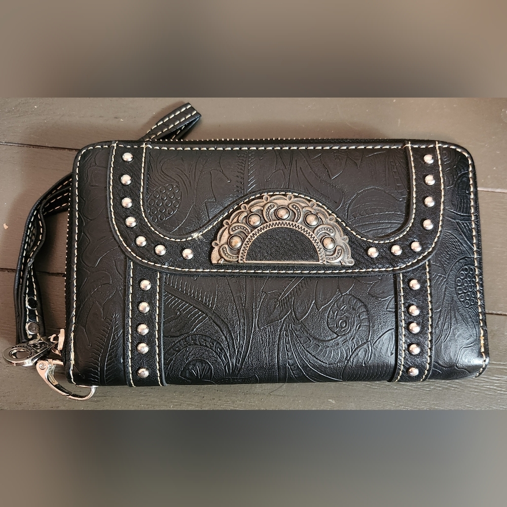 American Bling Studded Black Leather Wallet with Silver Detailing